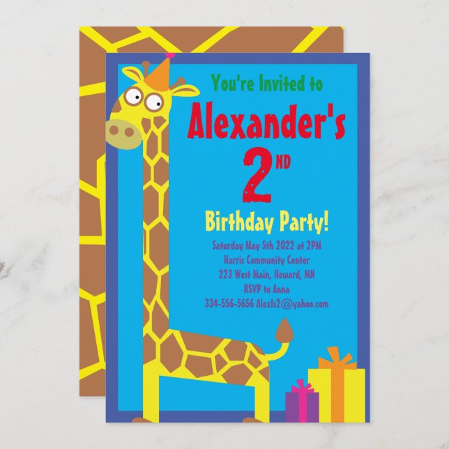 Invitations de fête d'anniversaire de Giraffe Anim (Devant / Derrière)