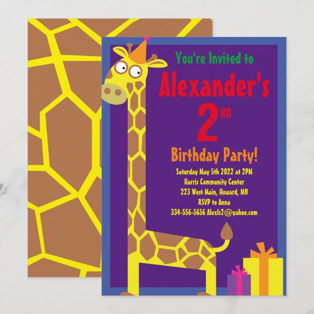Invitations de fête d'anniversaire de Giraffe Anim (Devant / Derrière)