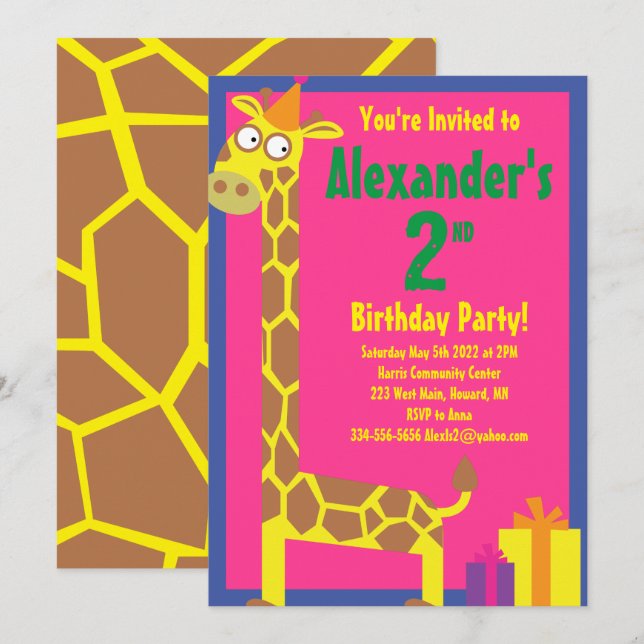 Invitations de fête d'anniversaire de Giraffe Anim (Devant / Derrière)