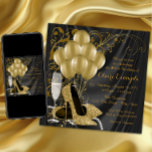 Invitations de Fête d'anniversaire de la femme noi<br><div class="desc">Invitation de fête d'anniversaire en noir et or pour femme avec de belles chaussures à talon haute parties scintillant d'or, ballons d'or, perles de champagne et d'élégants tourbillons d'or sur un arrière - plan satin noir luxueux. Cette élégante invitation de fête d'anniversaire en noir et or est facilement customisée pour...</div>