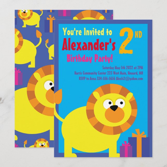 Invitations de fête d'anniversaire de l'animal Lio (Devant / Derrière)