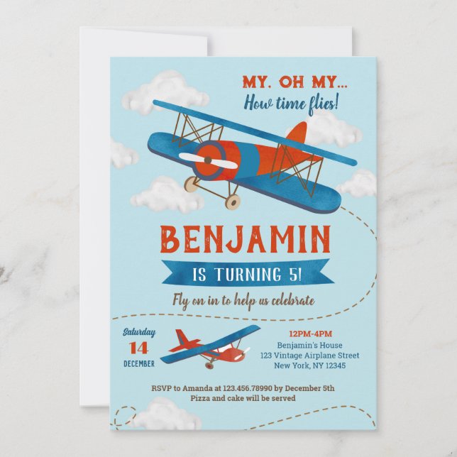 Invitations de fête d'anniversaire de l'avion vint (Devant)
