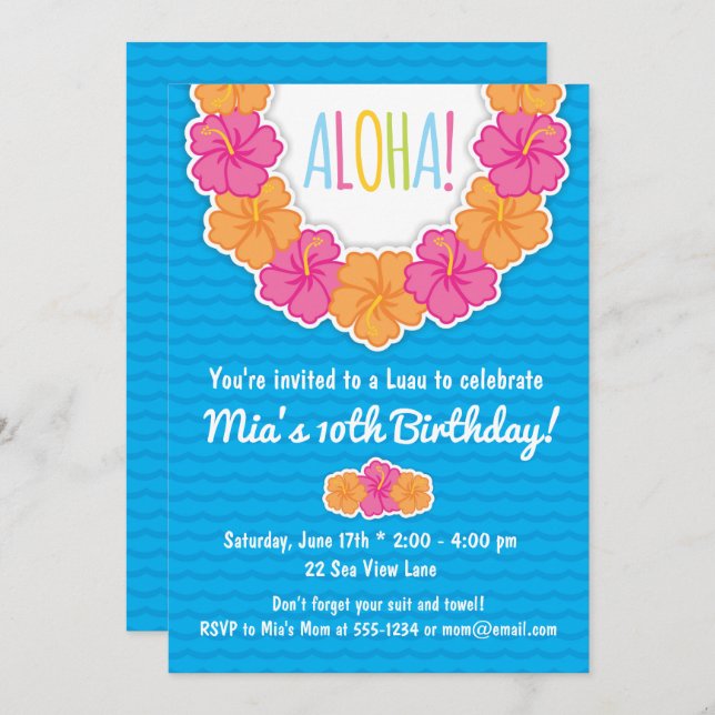 Invitations de fête d'anniversaire de Luau (Devant / Derrière)