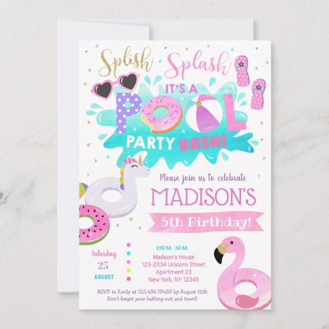 Invitations de fête d'anniversaire de piscine pour (Devant)