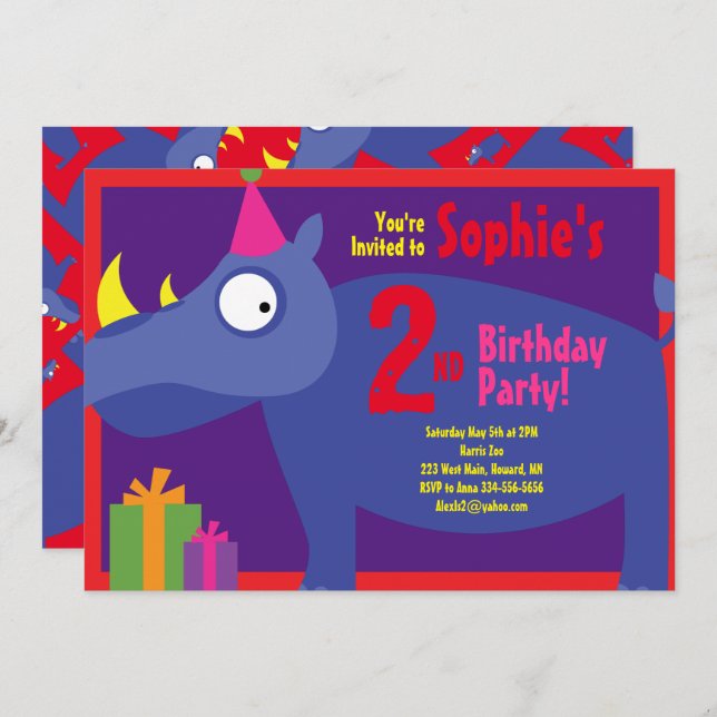 Invitations de fête d'anniversaire de Rhino Animal (Devant / Derrière)