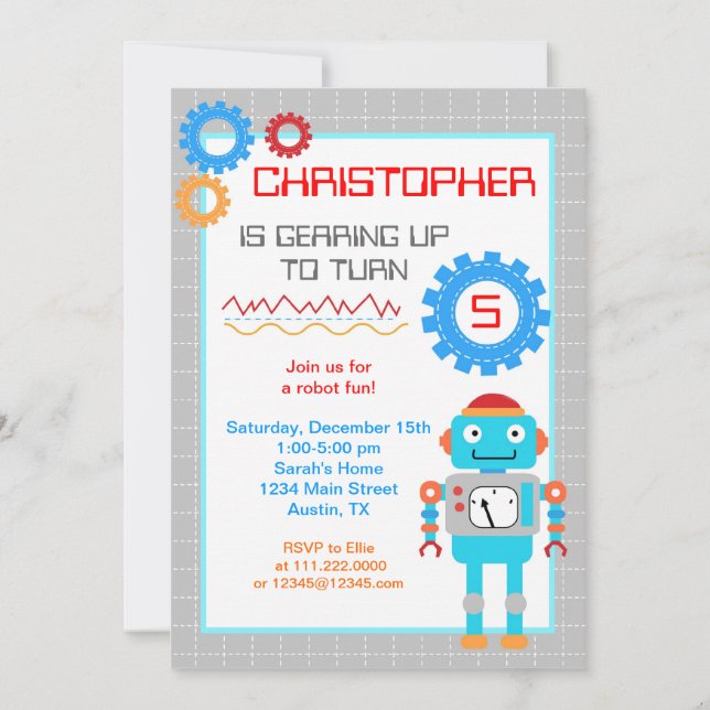 Invitations de fête d'anniversaire de robot (Devant)