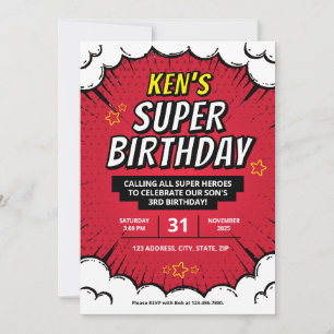 Invitations de fête d'anniversaire de Super Hero é