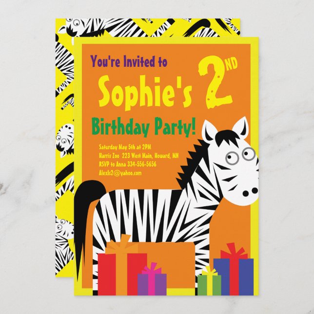 Invitations de fête d'anniversaire de Zebra Animal (Devant / Derrière)