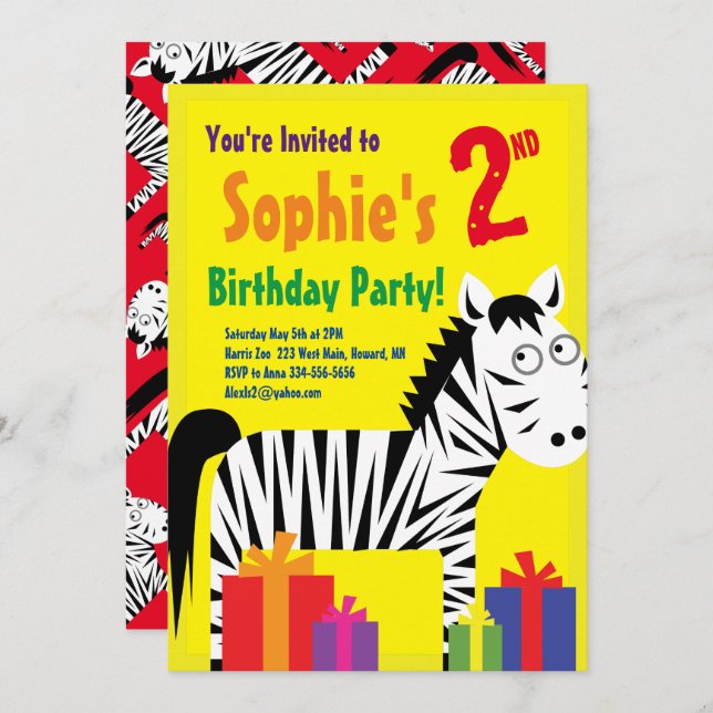 Invitations de fête d'anniversaire de Zebra Animal (Devant / Derrière)