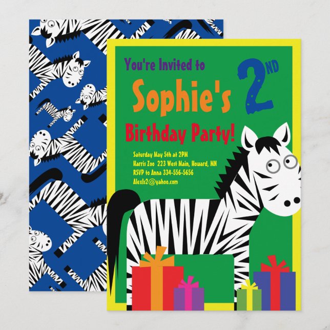 Invitations de fête d'anniversaire de Zebra Animal (Devant / Derrière)