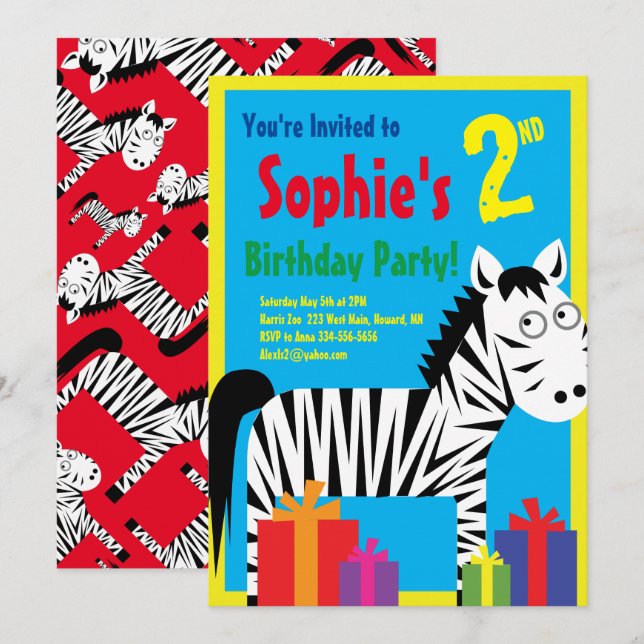 Invitations de fête d'anniversaire de Zebra Animal (Devant / Derrière)