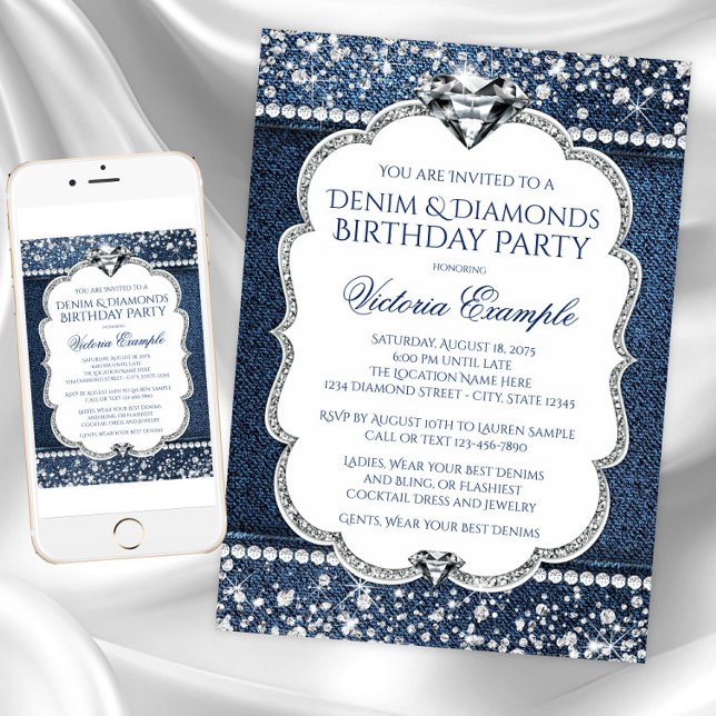 Invitations de fête d'anniversaire Denim et Diamon (Denim diamond birthday party and event invitation. Instant download & printed invitations available)