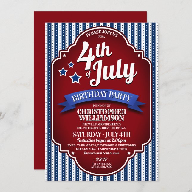 Invitations de fête d'anniversaire du 4 juillet (Devant / Derrière)