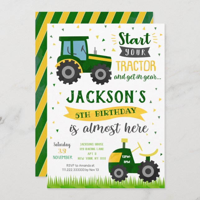 Invitations de fête d'anniversaire du tracteur (Devant / Derrière)