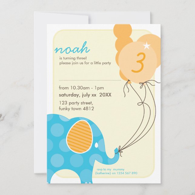 Invitations DE FÊTE D'ANNIVERSAIRE :: éléphant + b (Devant)