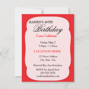 Invitations de fête d'anniversaire en rouge simple