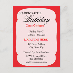 Invitations de fête d'anniversaire en rouge simple
