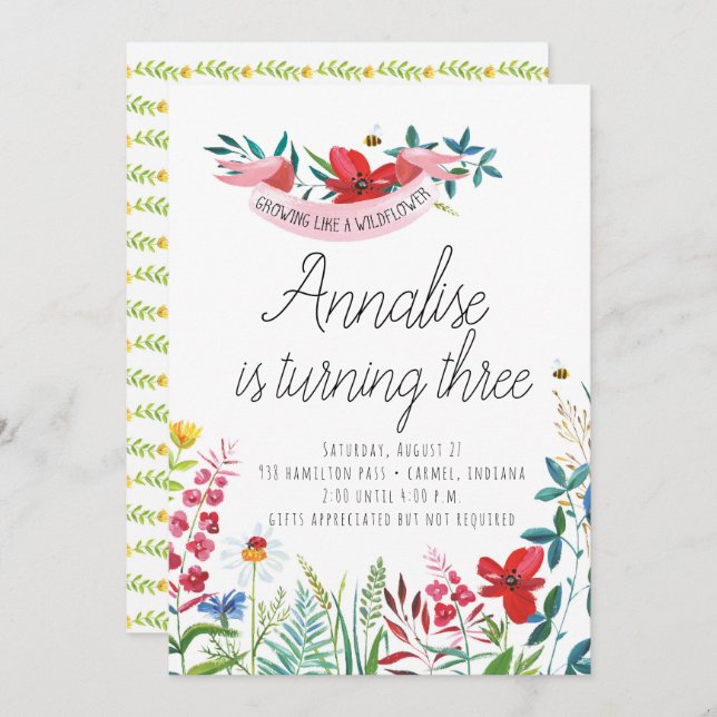Invitations de fête d'anniversaire Fleurs sauvages (Devant / Derrière)