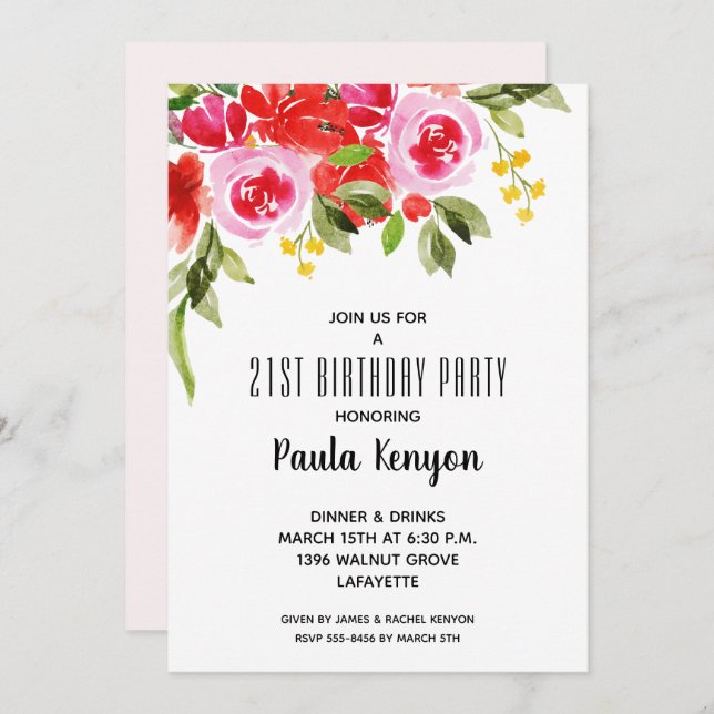 Invitations de fête d'anniversaire rouge rose (Devant / Derrière)