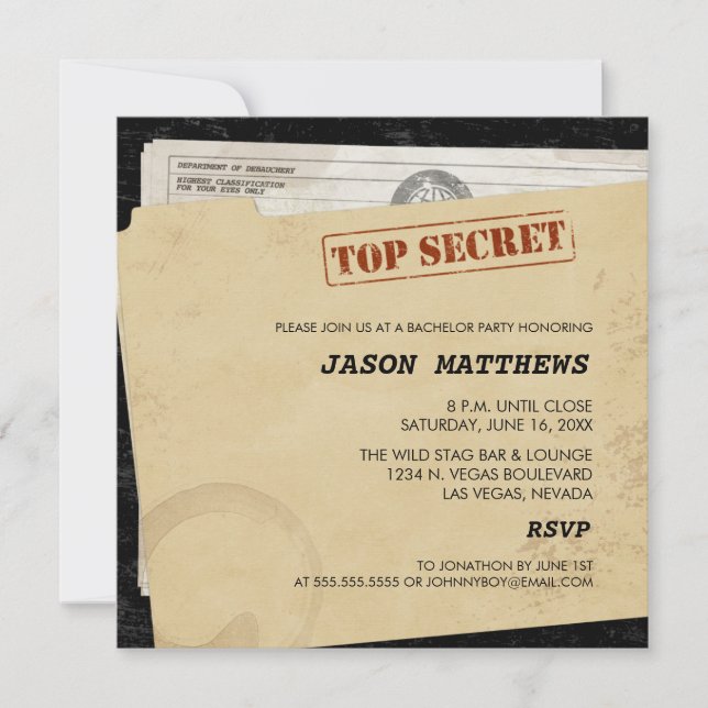 Invitations de fête de bachelor drôles top secret (Devant)