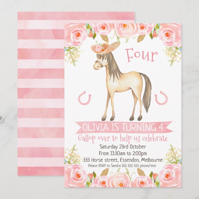 Invitations de fête de cheval pour fille (Devant / Derrière)