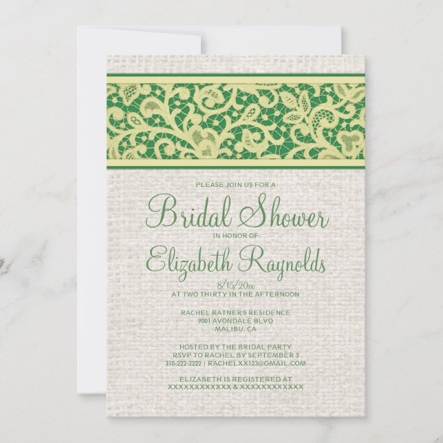 Invitations de Fête de l'mariée de Burlap vert jau (Devant)