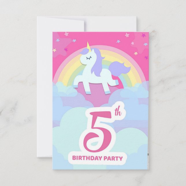 Invitations de fête du 5e anniversaire - Unicorn e (Devant)