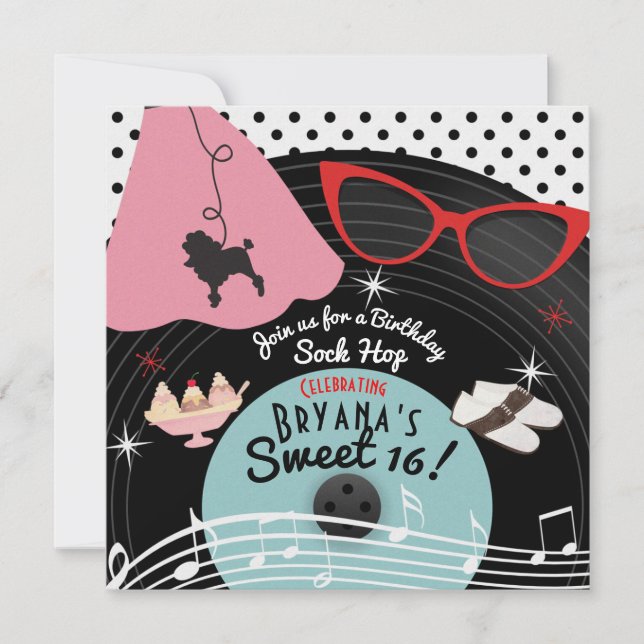 Invitations de fêtes à thème des années 50 (Devant)