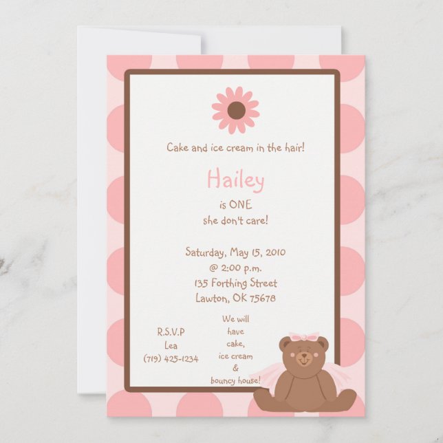 Invitations de filles à l'anniversaire de l'Ours d (Devant)