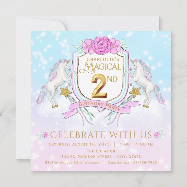 Invitations de filles Unicorn 2e anniversaire (Devant)