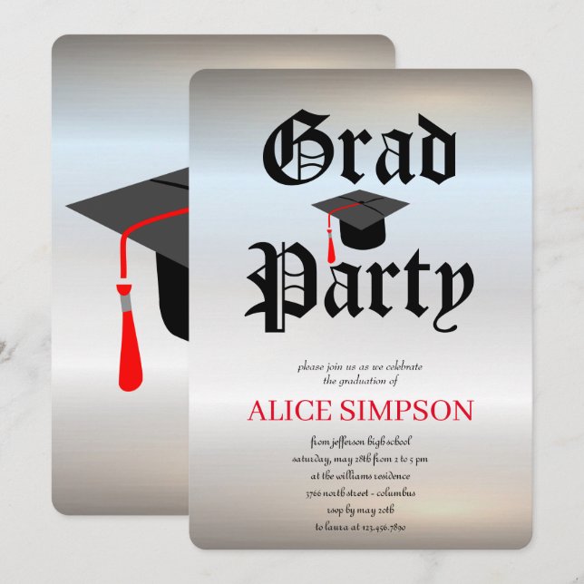 Invitations de fin d'études en argent simple (Devant / Derrière)