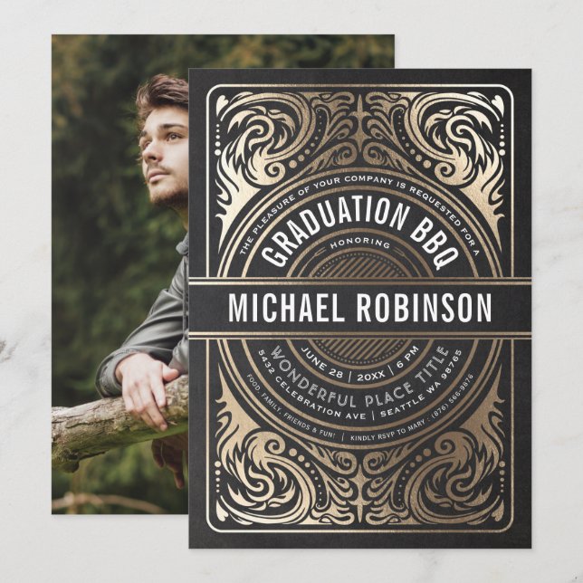 Invitations de fin d'études Gold Foil Black Photo (Devant / Derrière)