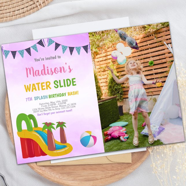 Invitations de glissières d'eau violet avec photo (Purple Water Slide Invitations with photo)