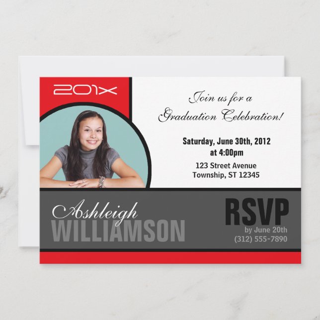 Invitations de graduation de photos en rouge et gr (Devant)