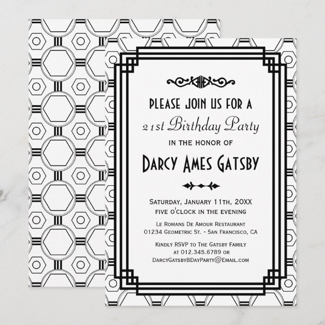 Invitations de la fête d'anniversaire Art déco bla (Devant / Derrière)