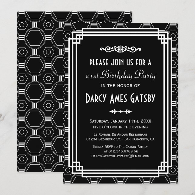 Invitations de la fête d'anniversaire Art déco noi (Devant / Derrière)