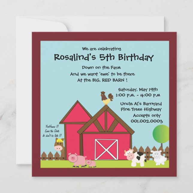 invitations de la fête d'anniversaire de Barnyard  (Devant)