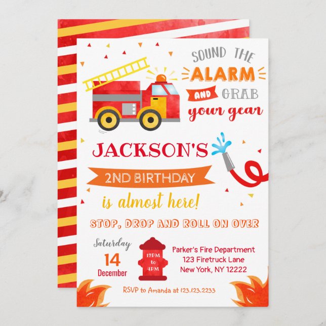 Invitations de la fête d'anniversaire de Firetruck (Devant / Derrière)