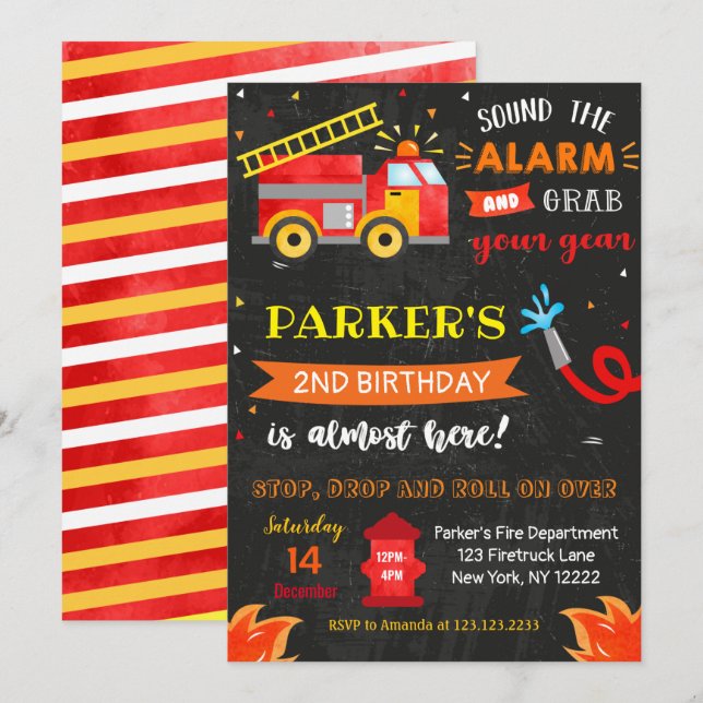 Invitations de la fête d'anniversaire de Firetruck (Devant / Derrière)