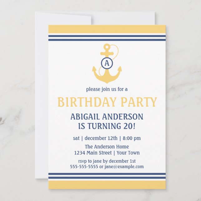 Invitations de la fête d'anniversaire jaune nautiq (Devant)
