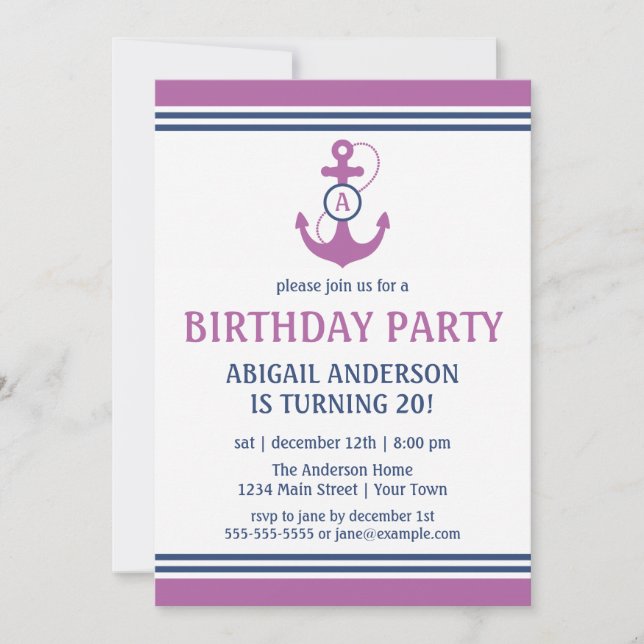 Invitations de la fête d'anniversaire marine avec  (Devant)