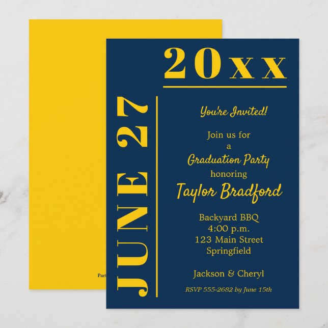 Invitations de la fête de graduation jaune et bleu (Devant / Derrière)