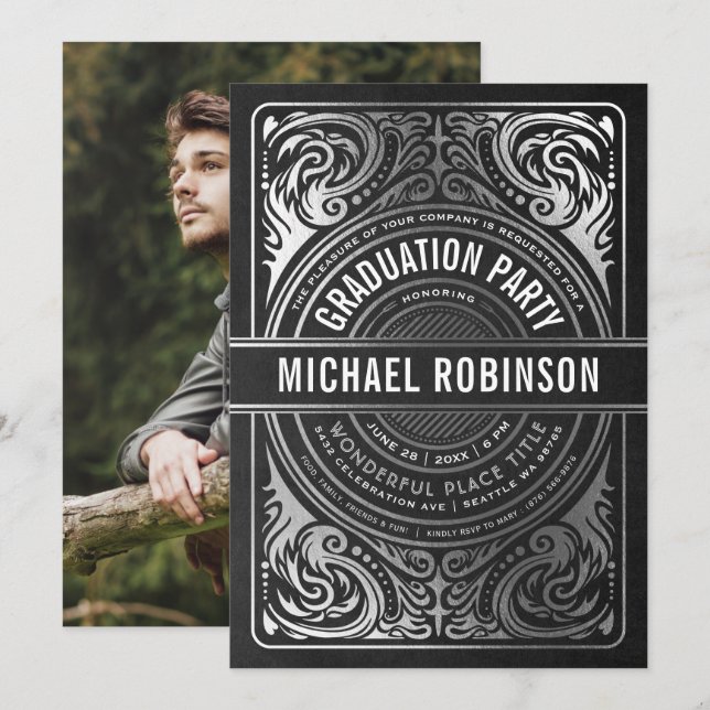 Invitations de la fête de graduation Silver Foil (Devant / Derrière)