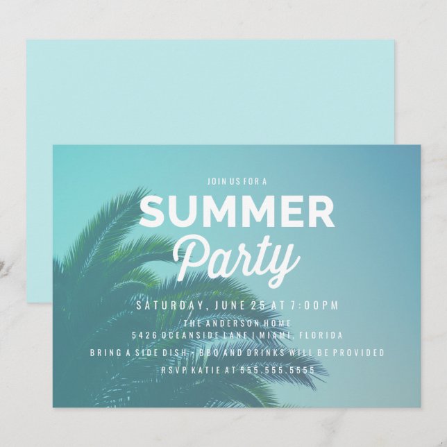 Invitations de la fête d'été de Palm Tree (Devant / Derrière)