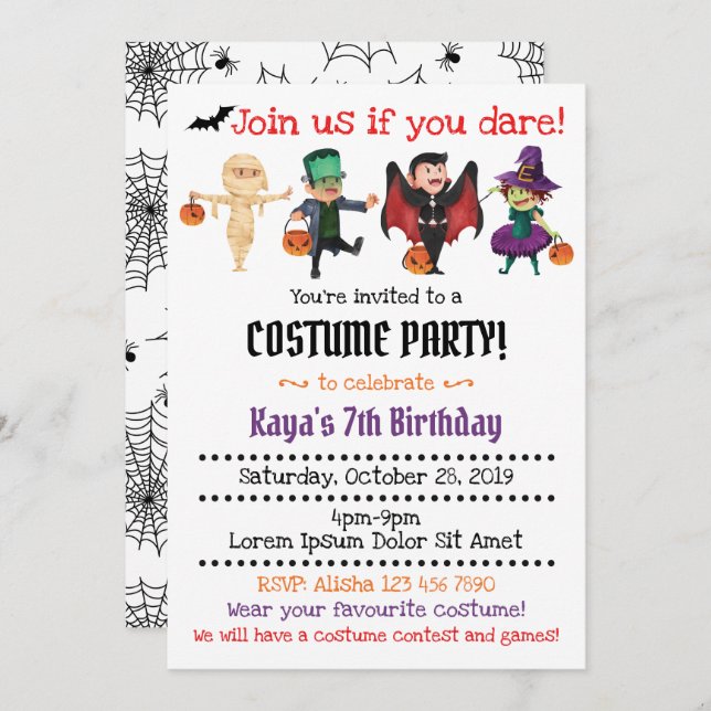 Invitations de la fête du costume d'Halloween (Devant / Derrière)