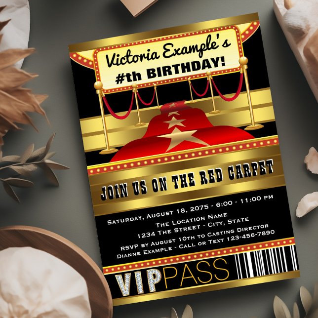 Invitations de la fête du tapis rouge d'Hollywood (Red carpet birthday party invitation. Red, black and gold red carpet invitations for any occasion.)