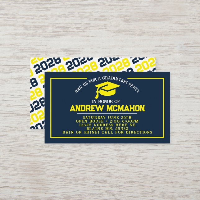 Invitations de la Marine et du Jaune (Navy Blue & Yellow Grad Cap Mini Graduation Invites for Friends, Team Mates or as Inserts!)