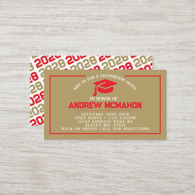 Invitations de la mini-graduation Red & Gold (Gold and Red Mini Graduation Invitations for friends, classmates, teammates or announcement inserts)
