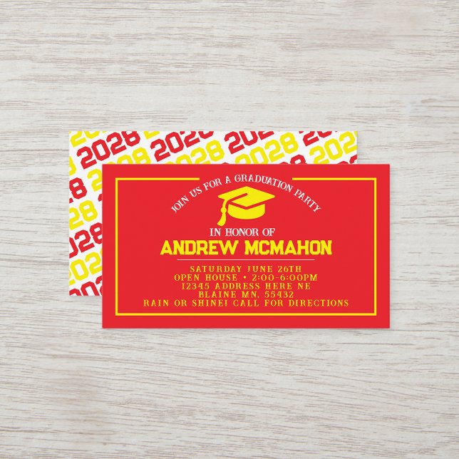Invitations de la mini-graduation rouge et jaune (Red & Yellow Graduation Cap Mini Graduation Invites for Friends, Team Mates or as Inserts!)