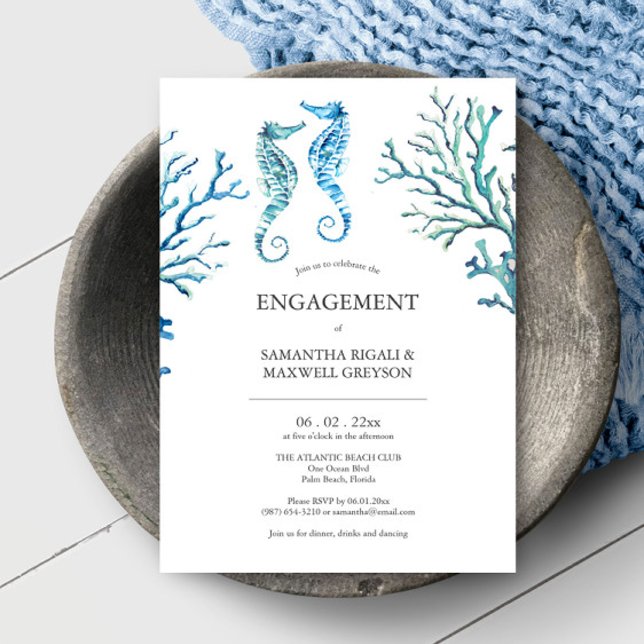 Invitations de la partie d'engagement Aquarelle Ch (Beach engagement invitations feature unique watercolor seahorse and coral art Victoria Grigaliunas)